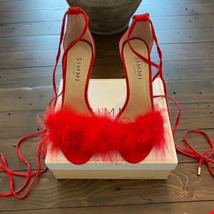 Red Suede Feathered Lace Up Heels